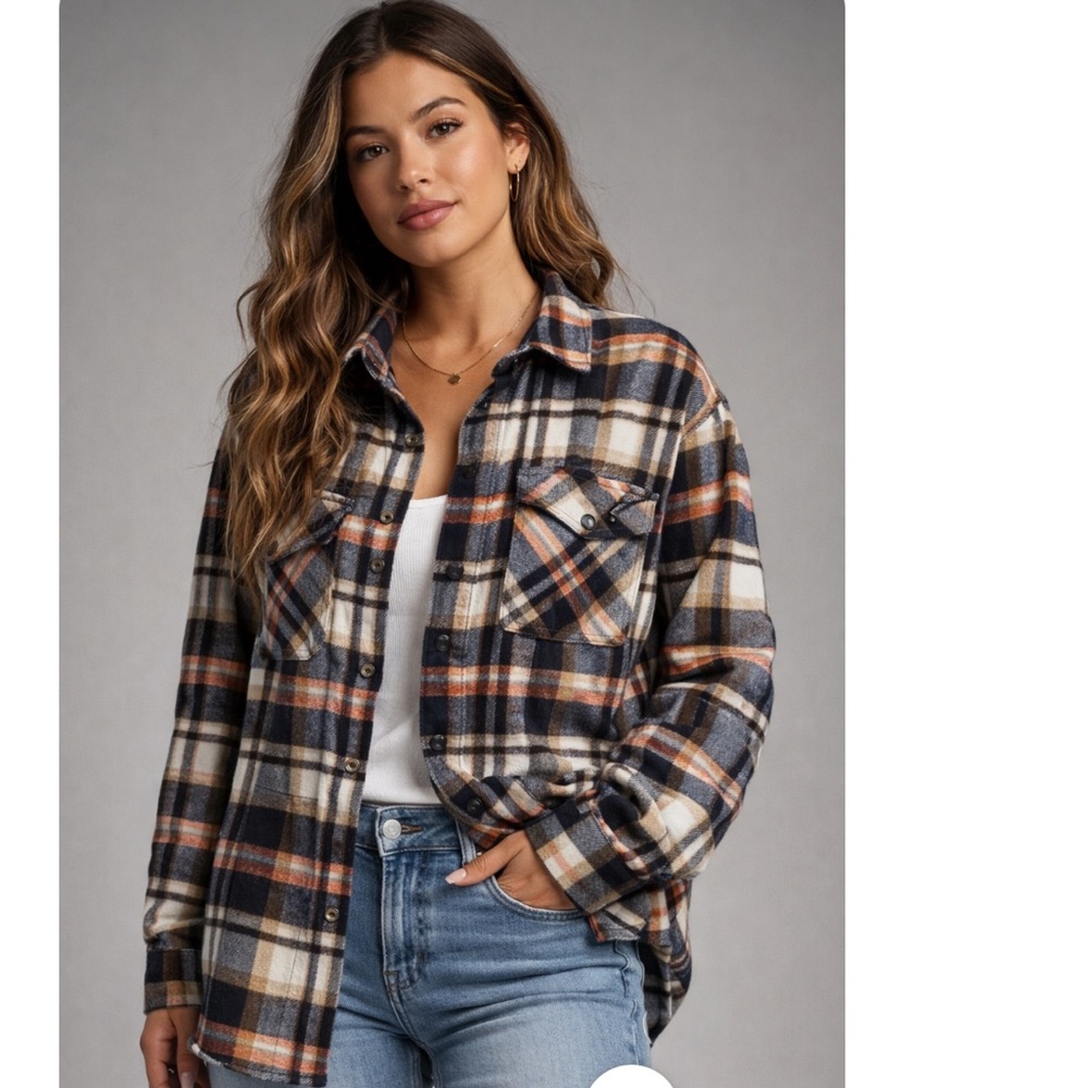 Plaid Flannel unisex cabincore Shacklet Shirt Jacket Blue and tan with pockets‎